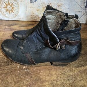 A.S.98 Women's Black Leather Ankle Boots With Brown Buckle And Wooden Heel.